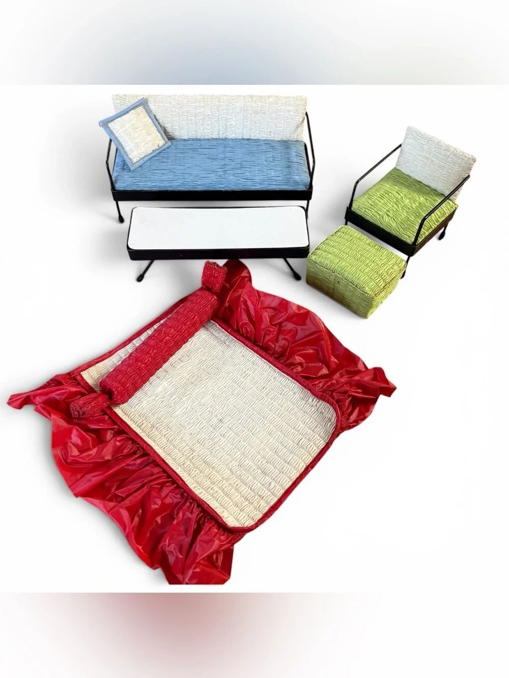 Vintage 1950s Watko Dollhouse Set Sofa Coffee Table Chair Ottoman Comforter